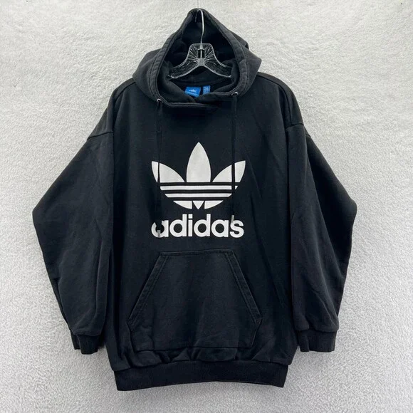 Adidas Hoodie Womens Medium Black Sweatshirt Long Sleeve Tight Knit Gym Trefoil - Picture 1 of 11